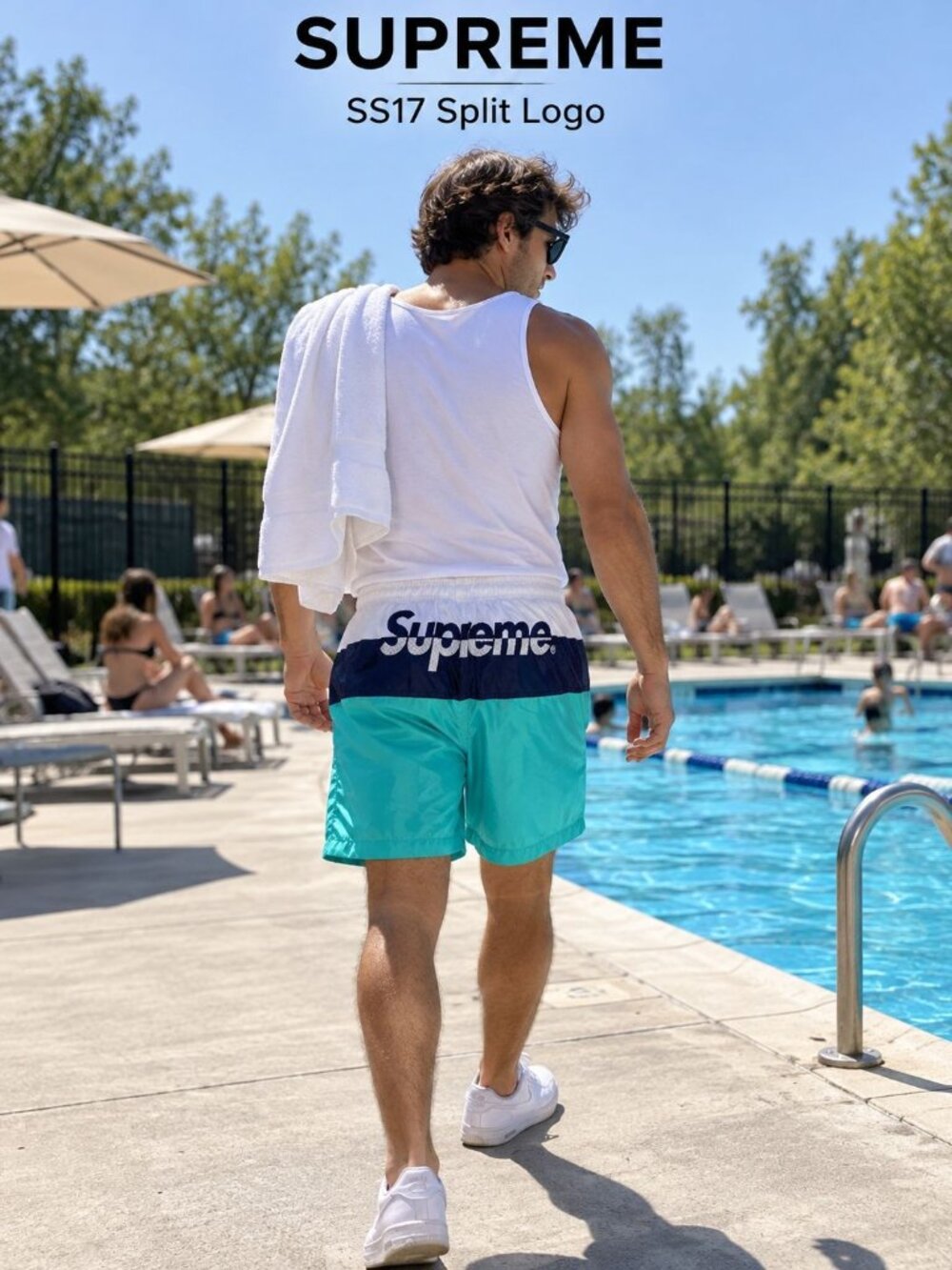 Supreme SS17 Split Logo Water Shorts M Teal Navy Nylon Swim Trunks Flawed